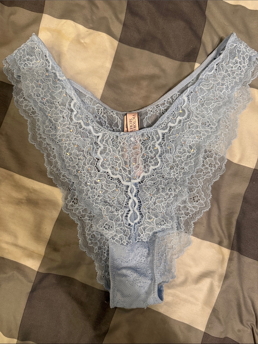 Victoria's Secret Light Blue Lace with rhinestones Brazilian slip style panty